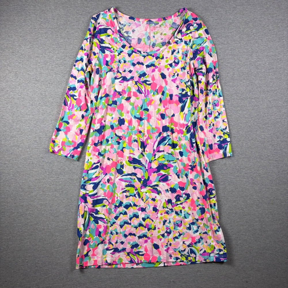 Lilly Pulitzer Beacon Dress Womens M Pink Pima Cotton 3/4 Sleeve Shift Floral